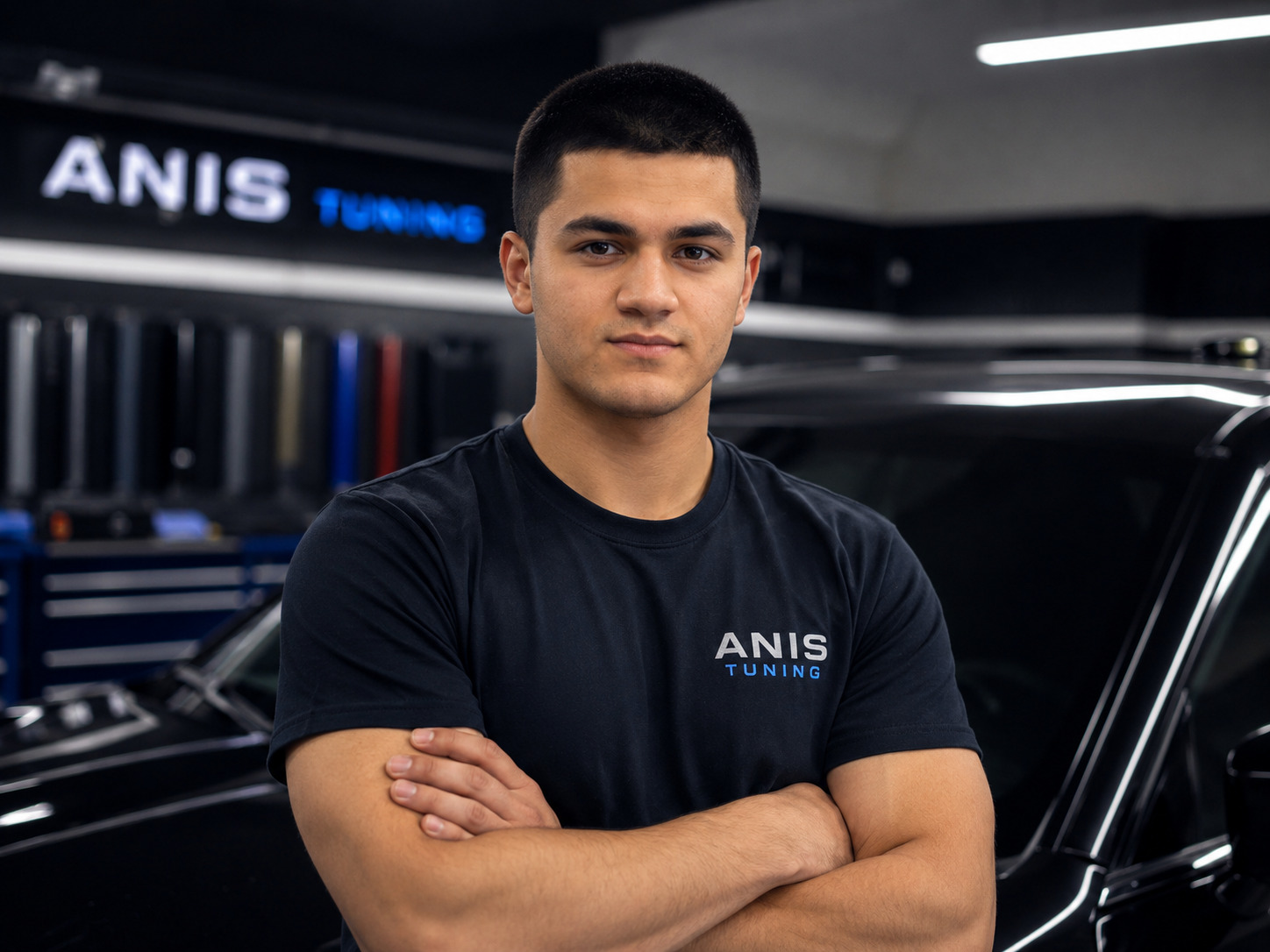 Anis, owner of ANIS TUNING, in the shop beside a dark luxury car