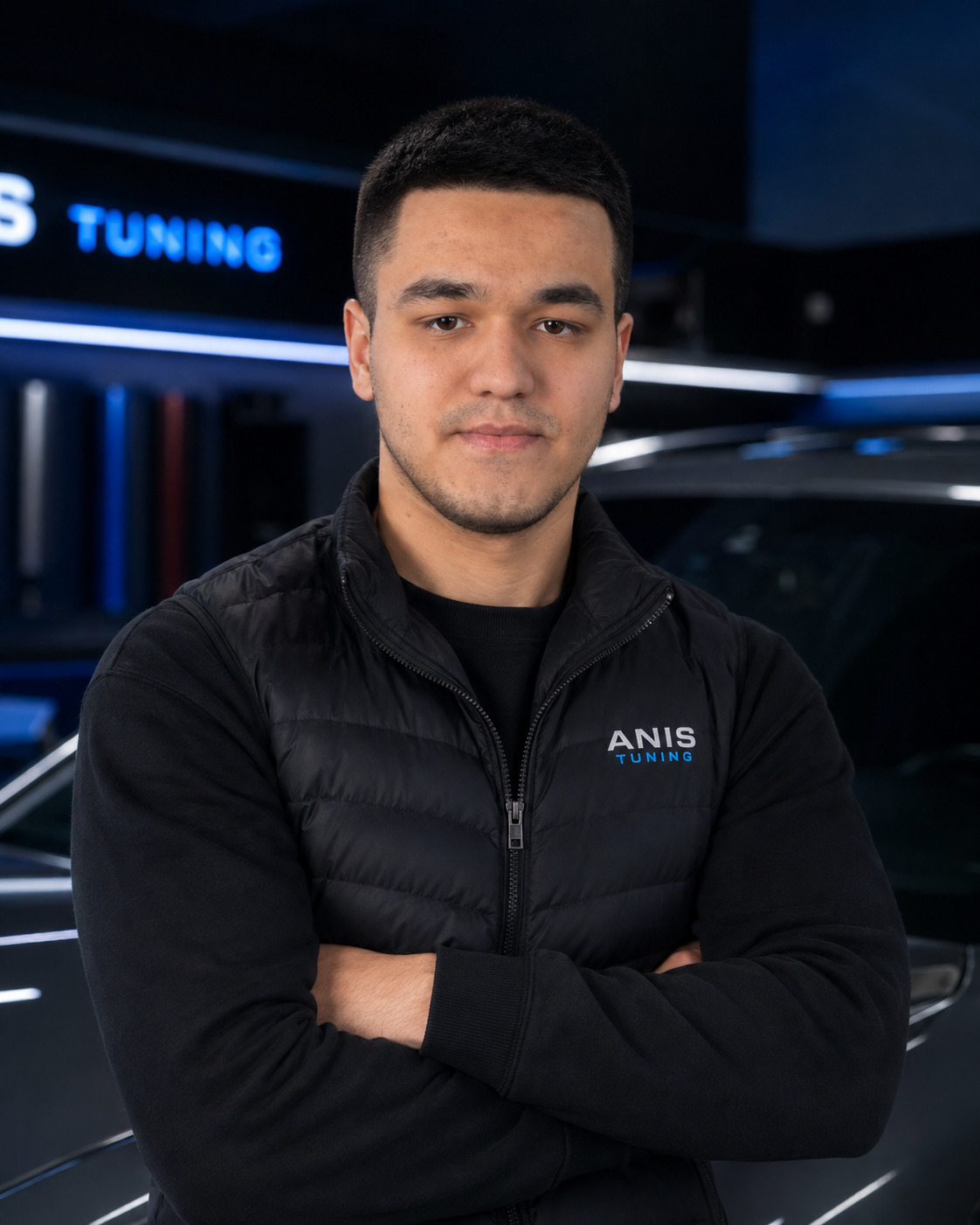 Anis, owner of ANIS TUNING, in the shop beside a dark luxury car